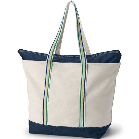 Land's End canvas Tote zipper natural long handle Navy embroidered "Taylor" XL - Picture 1 of 15